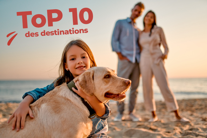 une famille en vacances à la plage avec leur labrador