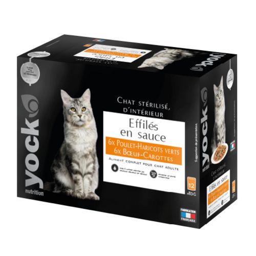 YOCK NUTRITION Effilés en sauce poulet et bœuf pour chat stérilisé d’intérieur