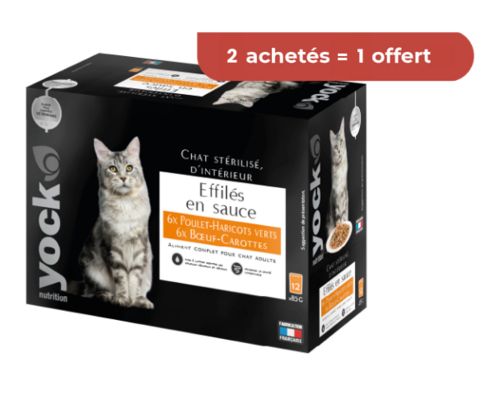 YOCK NUTRITION Effilés en sauce poulet et bœuf pour chat stérilisé d’intérieur