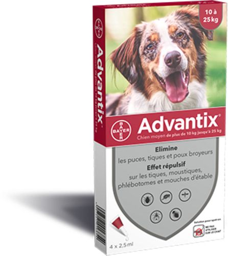 Pipettes antiparasitaires chien de moyenne taille 10 à 25 kg ADVANTIX