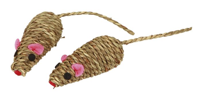 2 jouets souris naturelles en blé tressé de 7 cm pour chat KERBL