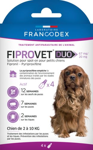 Lot de 4 pipettes antiparasitaires pour chiens de 2 à 10 kg FIPROVET DUO