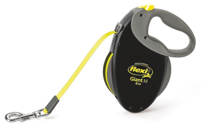 Laisse enrouleur noire à sangle jaune fluo pour chien  FLEXI GIANT