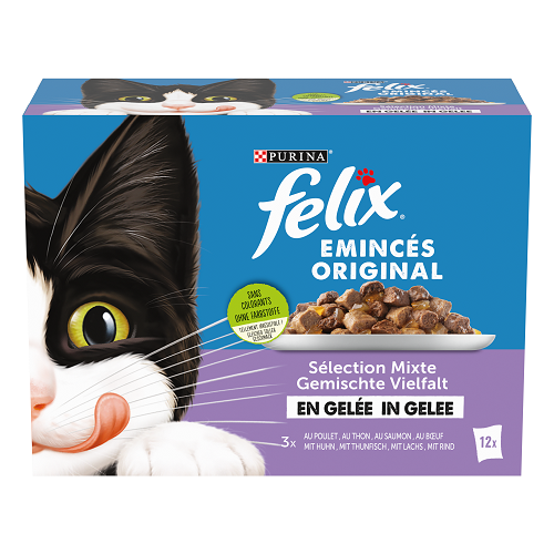 Émincés En Gelée pour chat Sélection Mixte : Bœuf Saumon Poulet Thon FELIX 12 x 85 g