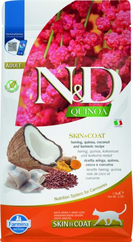 Farmina N&D Croquettes au quinoa, hareng et noix de coco pour peau et pelage pour chat 1,5 kg