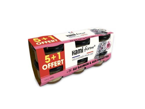 HAMI FORM Pack de 6 pâtées recette n°34 au saumon et crevettes pour chat