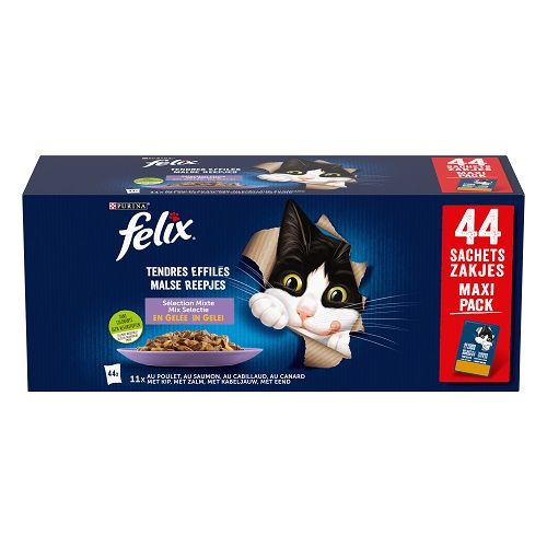 Tendres éffilés en Gelée pour chat Sélection Mixte : Poulet Canard Saumon Cabillaud FELIX 44 x 85 g