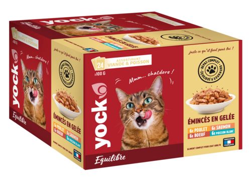 YOCK EQUILIBRE émincés en gelée au Saumon, Poisson Blanc, Poulet et Boeuf pour chat