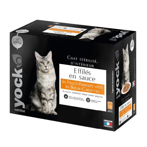 YOCK NUTRITION Effilés en sauce poulet et bœuf pour chat stérilisé d’intérieur 