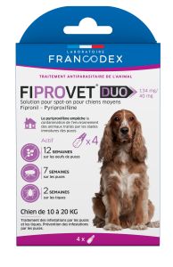 4 pipettes antiparasitaires chiens moyens de 10 à 20 kg FIPROVET DUO