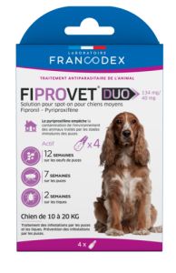 4 pipettes antiparasitaires chiens moyens de 10 à 20 kg FIPROVET DUO