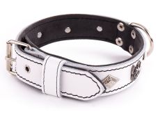 Collier motifs bouledogue et losange cuir blanc pour chien MARTIN SELLIER