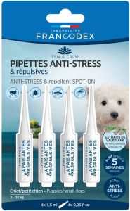 Pipettes Répulsives et Apaisantes Pour Chiot et Chien 2-10 Kg FRANCODEX 4 pipettes de 1,5 ml chacune 